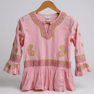 Mimi & Maggie Girls Top Tunic Pink Embroidered Paisley 10-12 Flare Sleeve Ballet